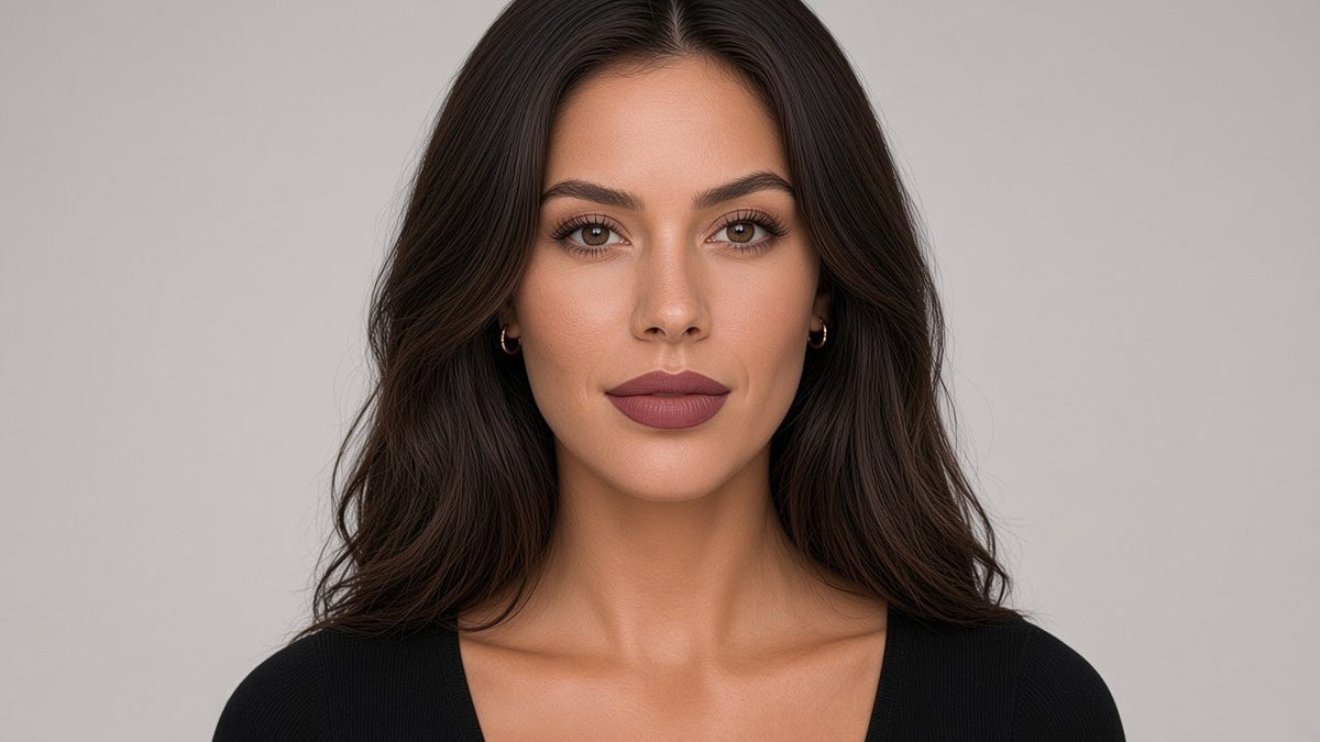 LILIPANI model facing forward with glowing skin, defined brows and a mauve-berry matte lip